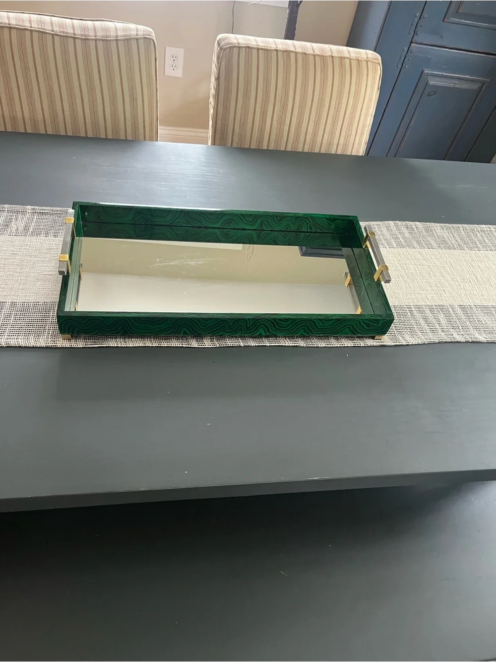 John Richard Emerald Green /black Glass Vanity Tray with Gold/silver Handles